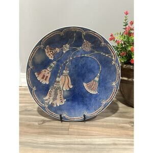 VTG Decorative Ceramic Cobalt Blue cloisonné style‎ Plate w/Tassel Design 14"